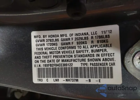 2012 Honda Civic Ex z USA, uszkodzony, nr VIN 19XFB2F84CE389122